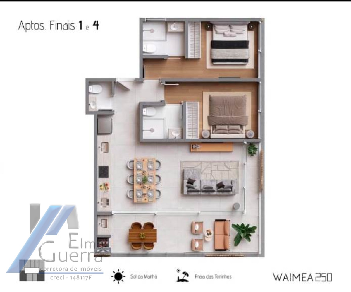 Ubatuba, Praia das Toninhas. Studio de 38 e 39m2, aptos 1 suíte e 01 banheiro com 51 e 61m2 e aptos 02 suítes e 1 Lavabo com 82m2
