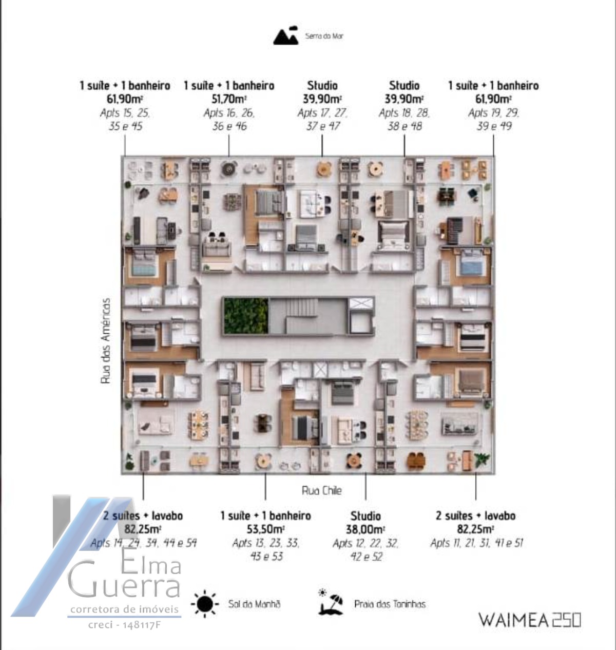 Ubatuba, Praia das Toninhas. Studio de 38 e 39m2, aptos 1 suíte e 01 banheiro com 51 e 61m2 e aptos 02 suítes e 1 Lavabo com 82m2